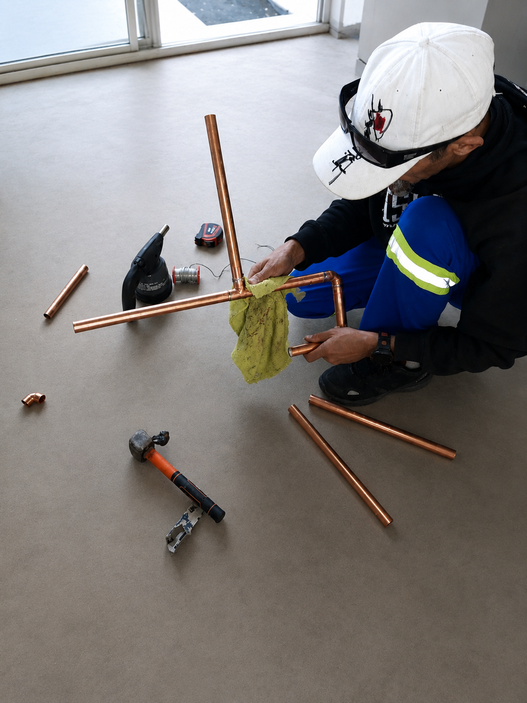 Hilton working on copper pipes for repairs and maintenance